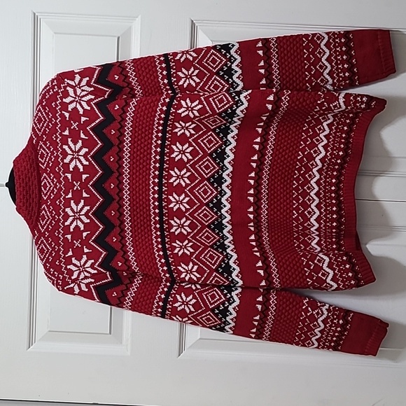 Fair Isle Breckenridge petite Large Full Zip Caridgan Sweater Red‎ White Black - Picture 2 of 11